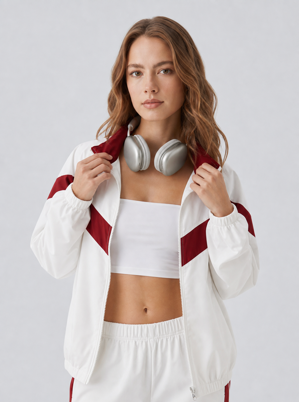 Avrane The Celeste Retro Track Set - women's contrast-panel track jacket and wide-leg pant set in white, beige, red, coffee, black, burgundy