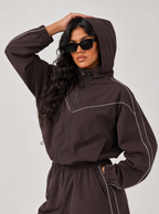 Avrane The Arden coffee cropped track jacket and pocket short set with contrast piping