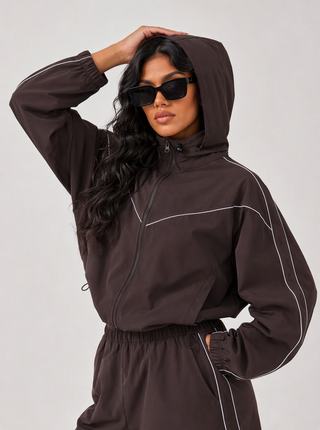 Avrane The Arden coffee cropped track jacket and pocket short set with contrast piping