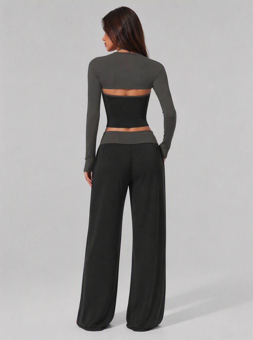 Avrane The Sloane layered wide-leg set with halter crop top and cropped bolero