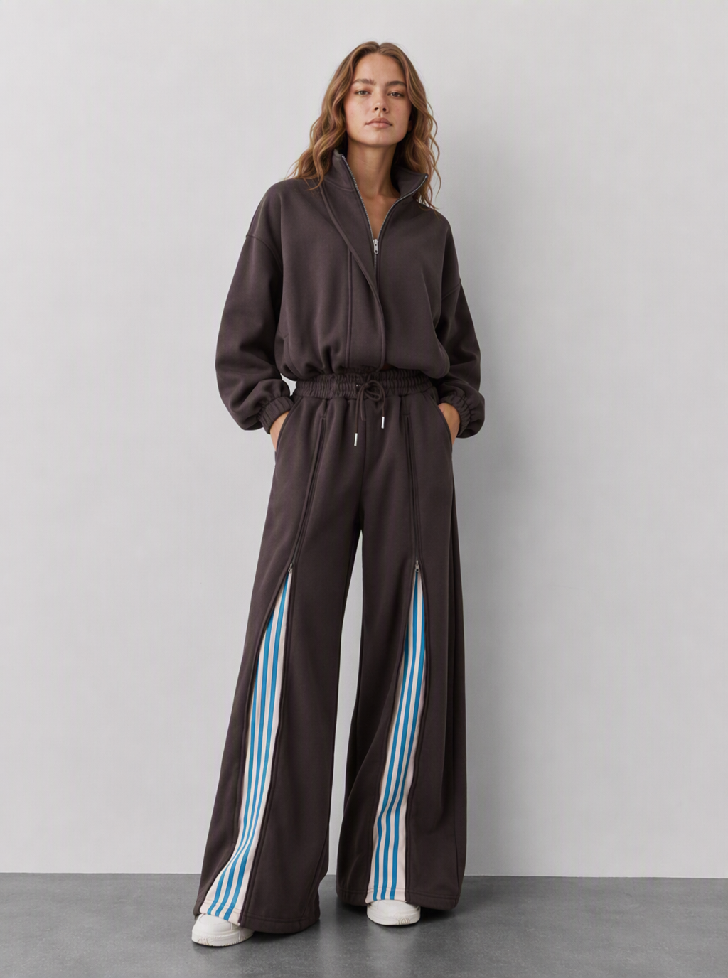 Avrane The Nova coffee zip jacket and wide-leg track pants with blue striped inset panels Main image
