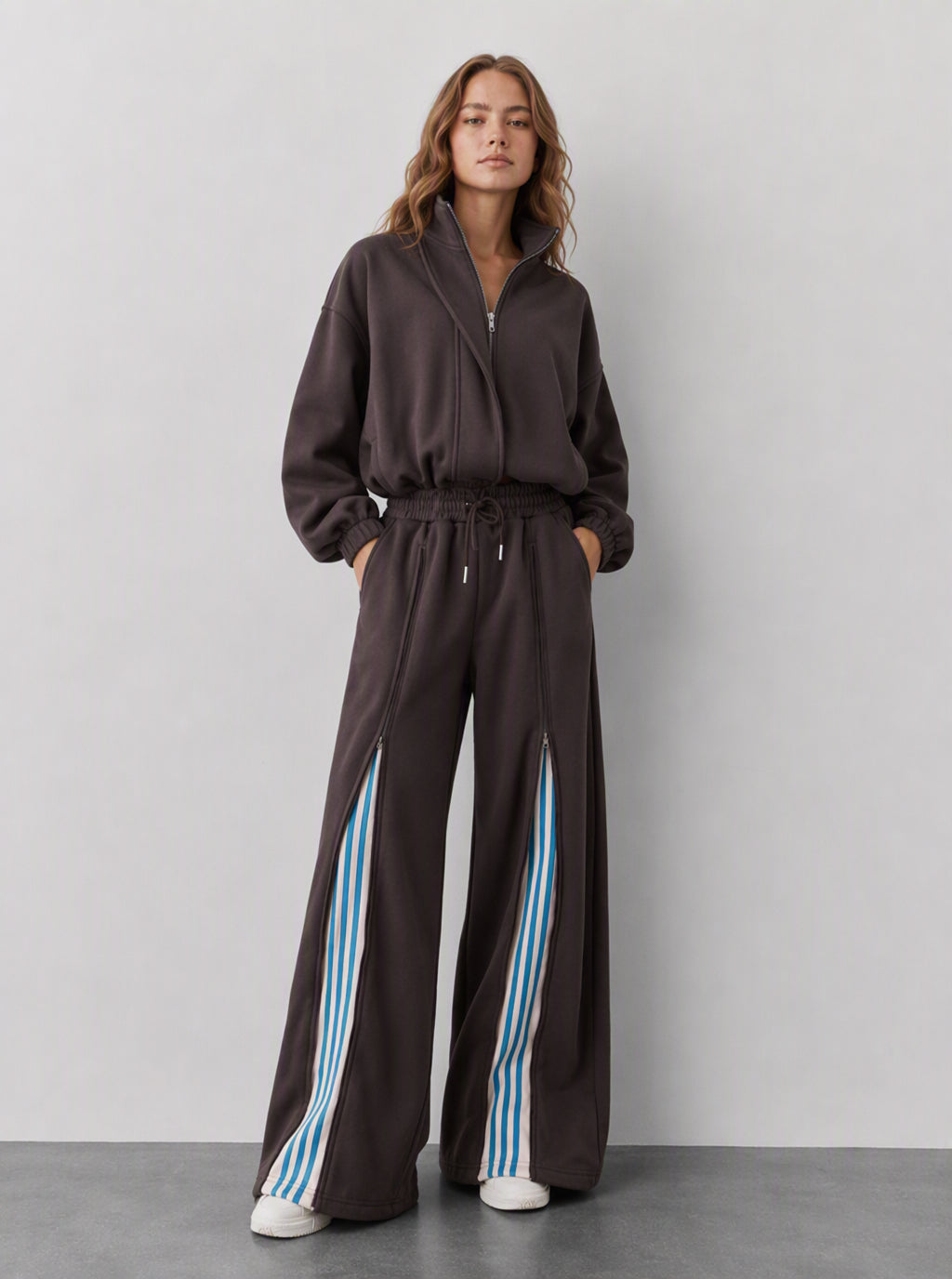 Avrane The Nova coffee zip jacket and wide-leg track pants with blue striped inset panels
