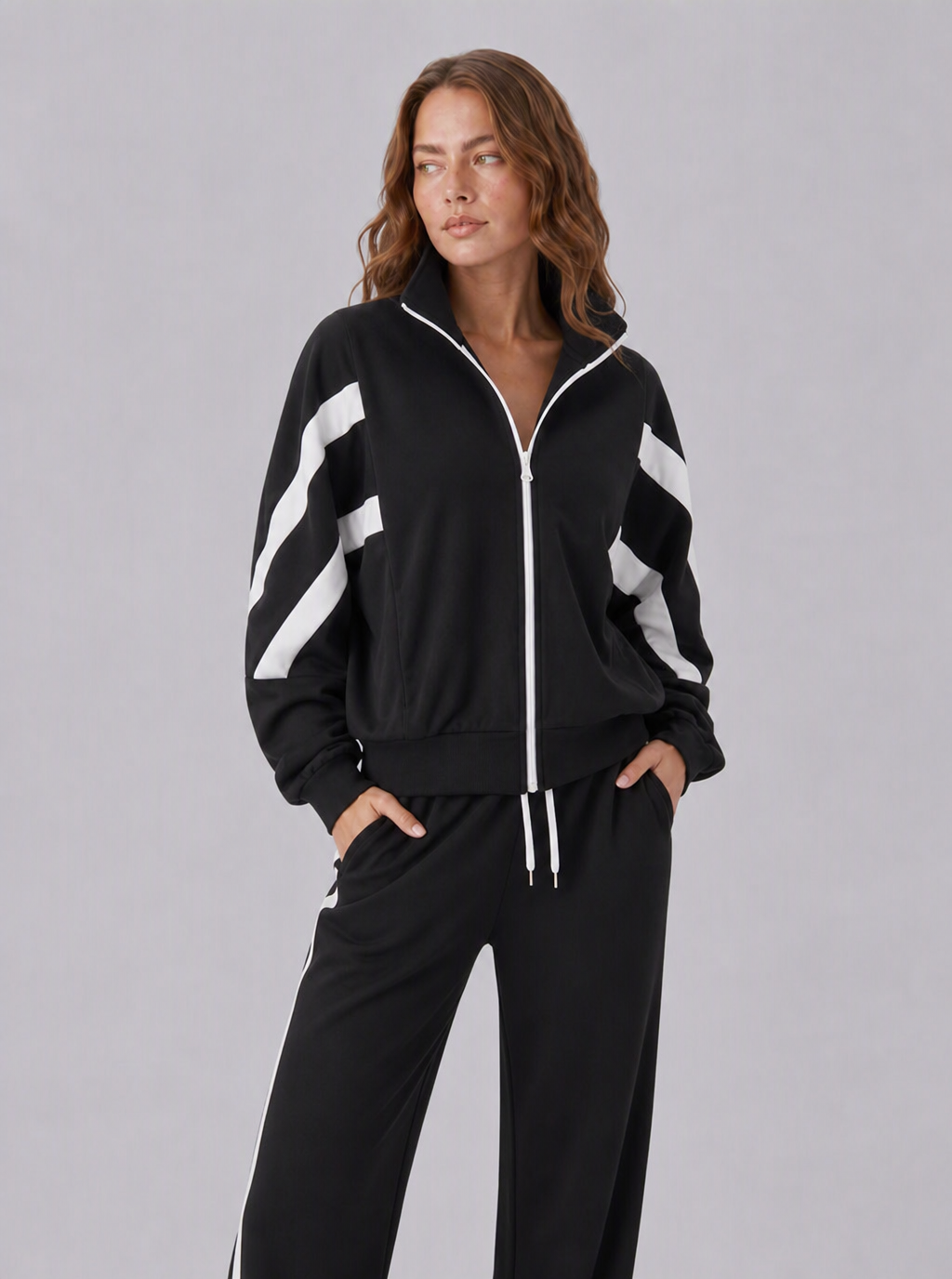Avrane The Linnea Striped Wide-Leg Set - women's zip jacket and contrast-stripe pants