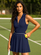 Avrane Callie Tennis Dress - women's zip-front tennis dress with mesh cutout in navy blue