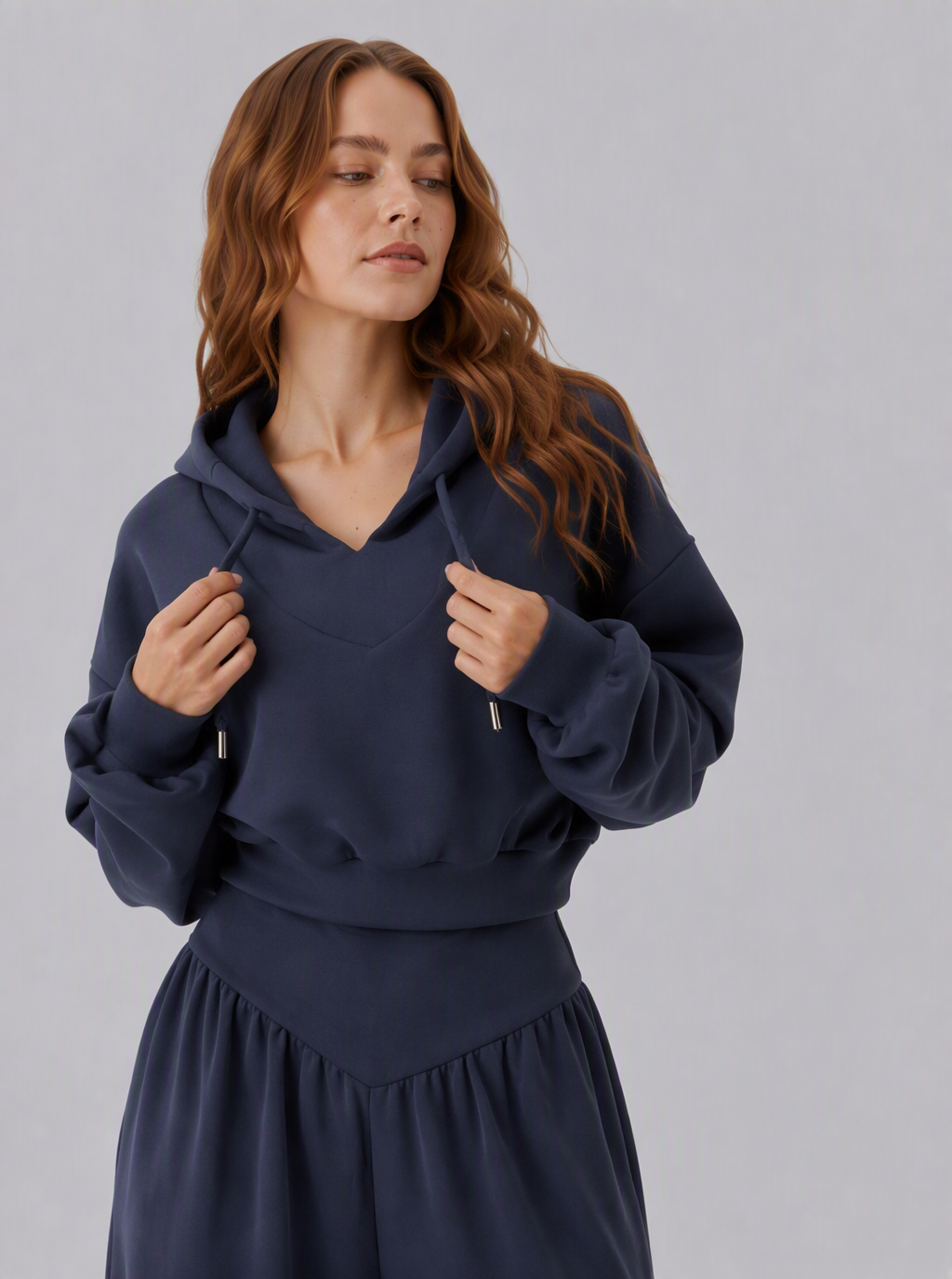 Avrane The Leona V-Waist Hoodie Set - women's cropped hoodie and v-waist wide-leg pant set in dark gray, brown, navy, apricot, black