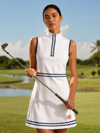 Avrane Poppy Golf Dress - women's ric rac trim athletic dress with apple embroidery in white