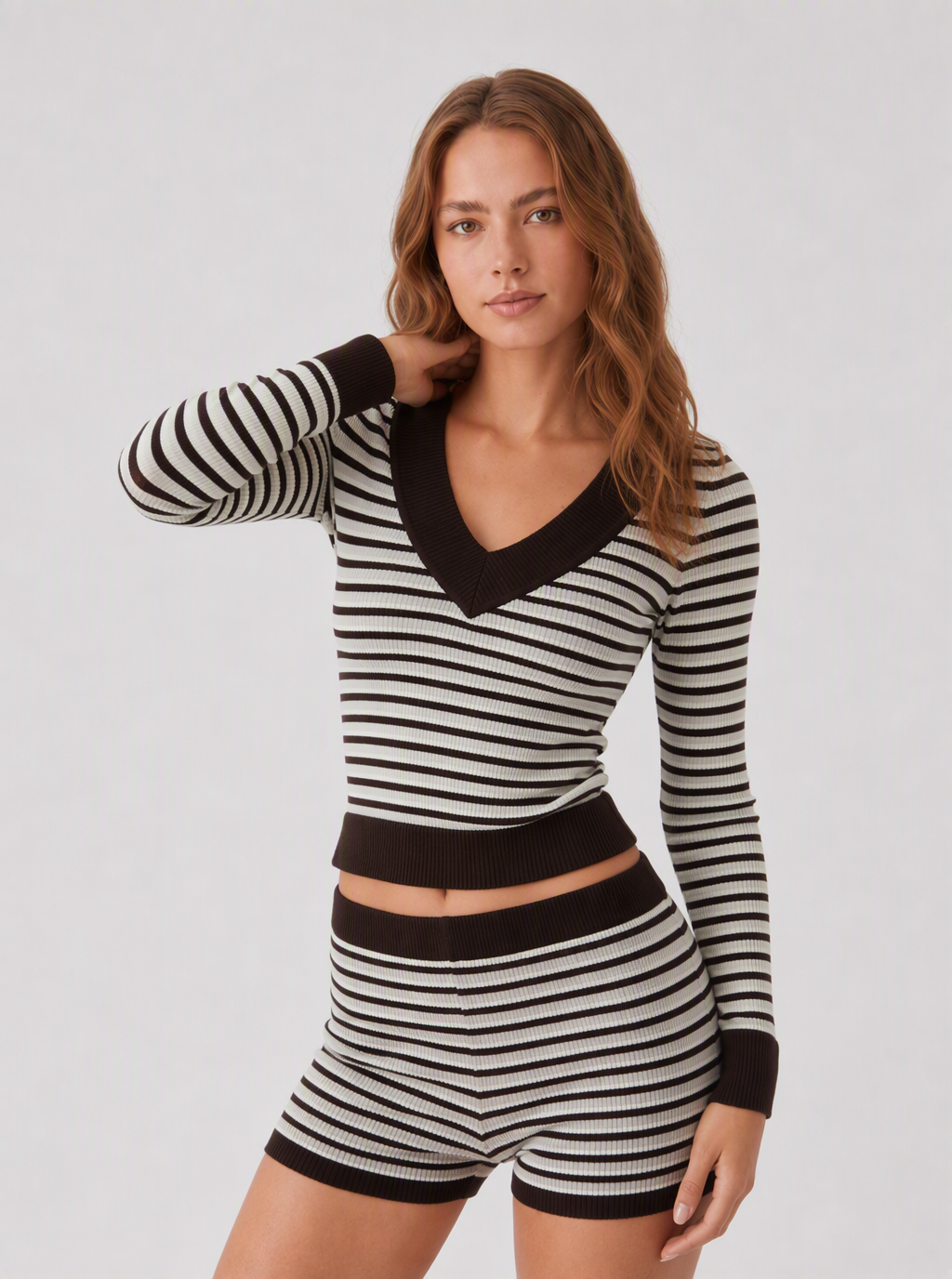 Avrane The Corinne Striped V-Neck Knit Set - women's contrast sweater and shorts