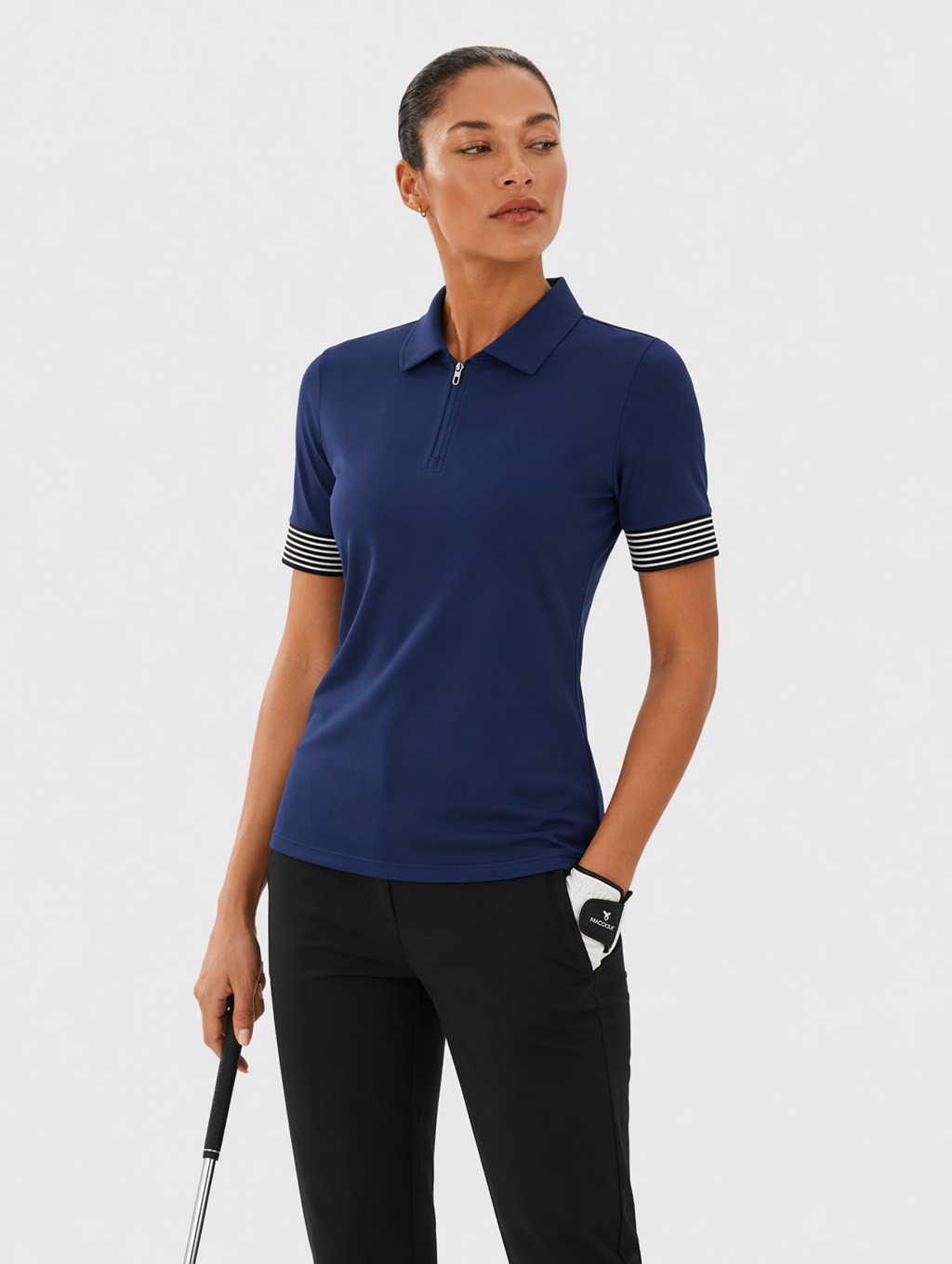 Avrane Bryn Golf Top - women's tailored polo shirt with half-zip and striped cuffs in navy blue Main image