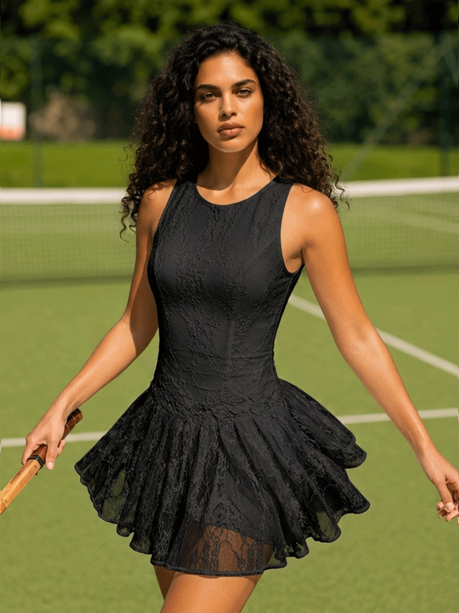 Avrane Lyla Court Dress - women's lace fit-and-flare tennis dress in black Main image