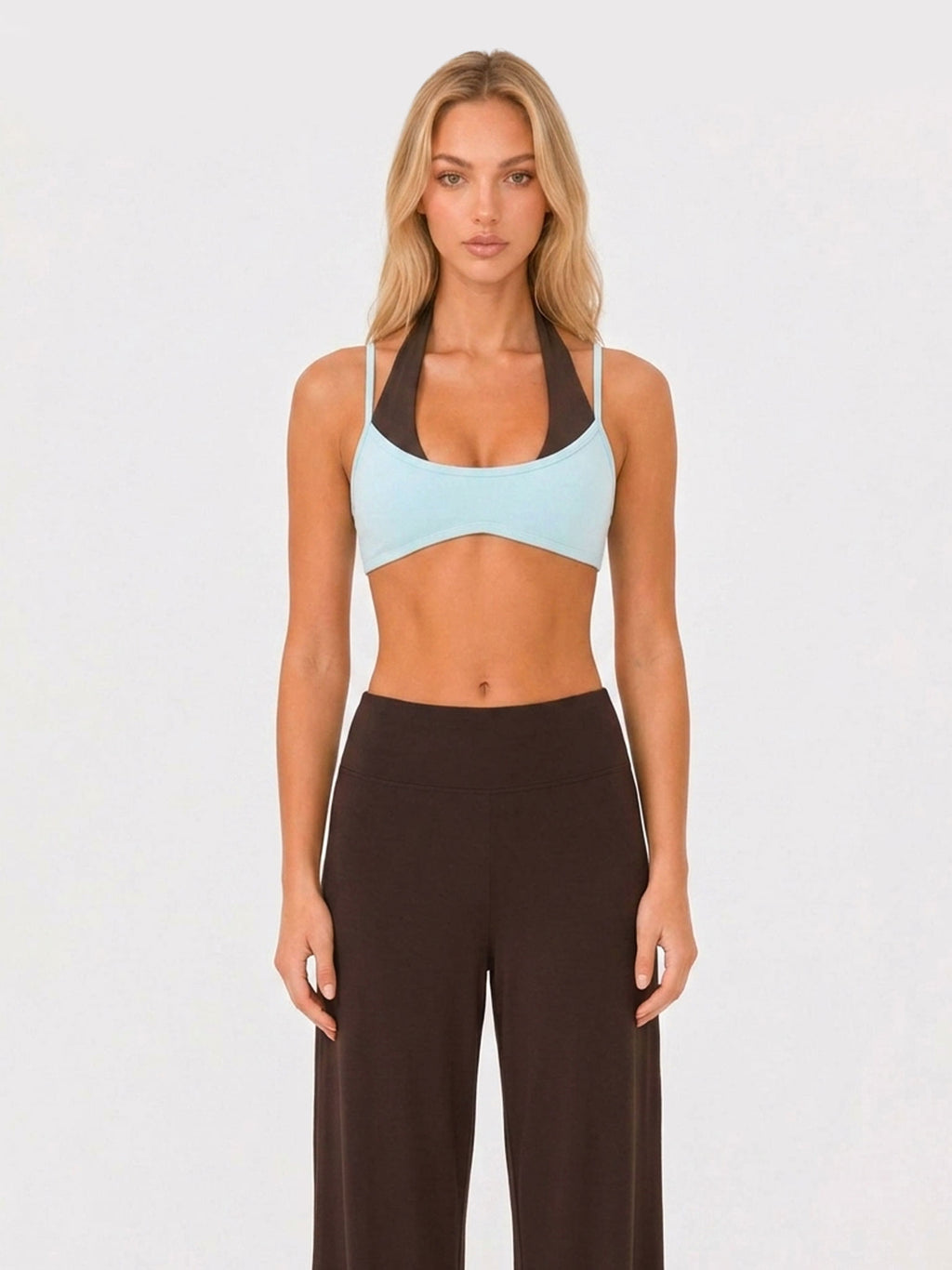 Avrane The Sloane Layered Halter Top - women's color-block faux-layer halter stretch top in light blue, blue, burgundy, brick red, brown, black, yellow, brown stripe, cream polka dot