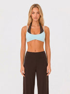 Avrane The Sloane Layered Halter Top - women's color-block faux-layer halter stretch top in light blue, blue, burgundy, brick red, brown, black, yellow, brown stripe, cream polka dot