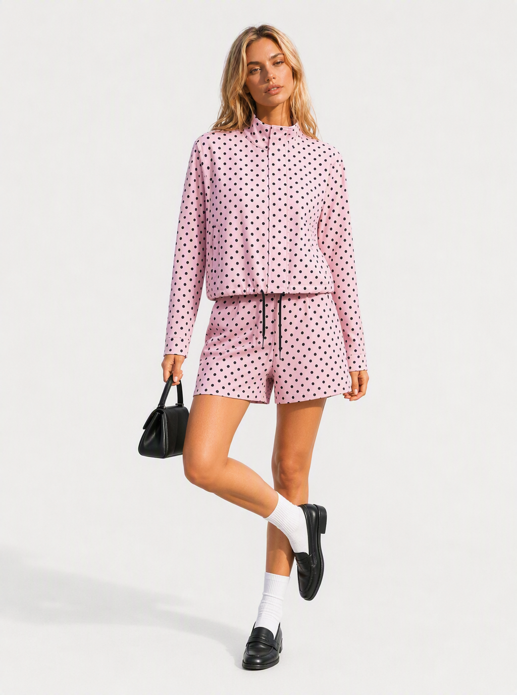 Avrane The Brielle Polka-Dot Zip Top - women's mock-neck cropped zip jacket