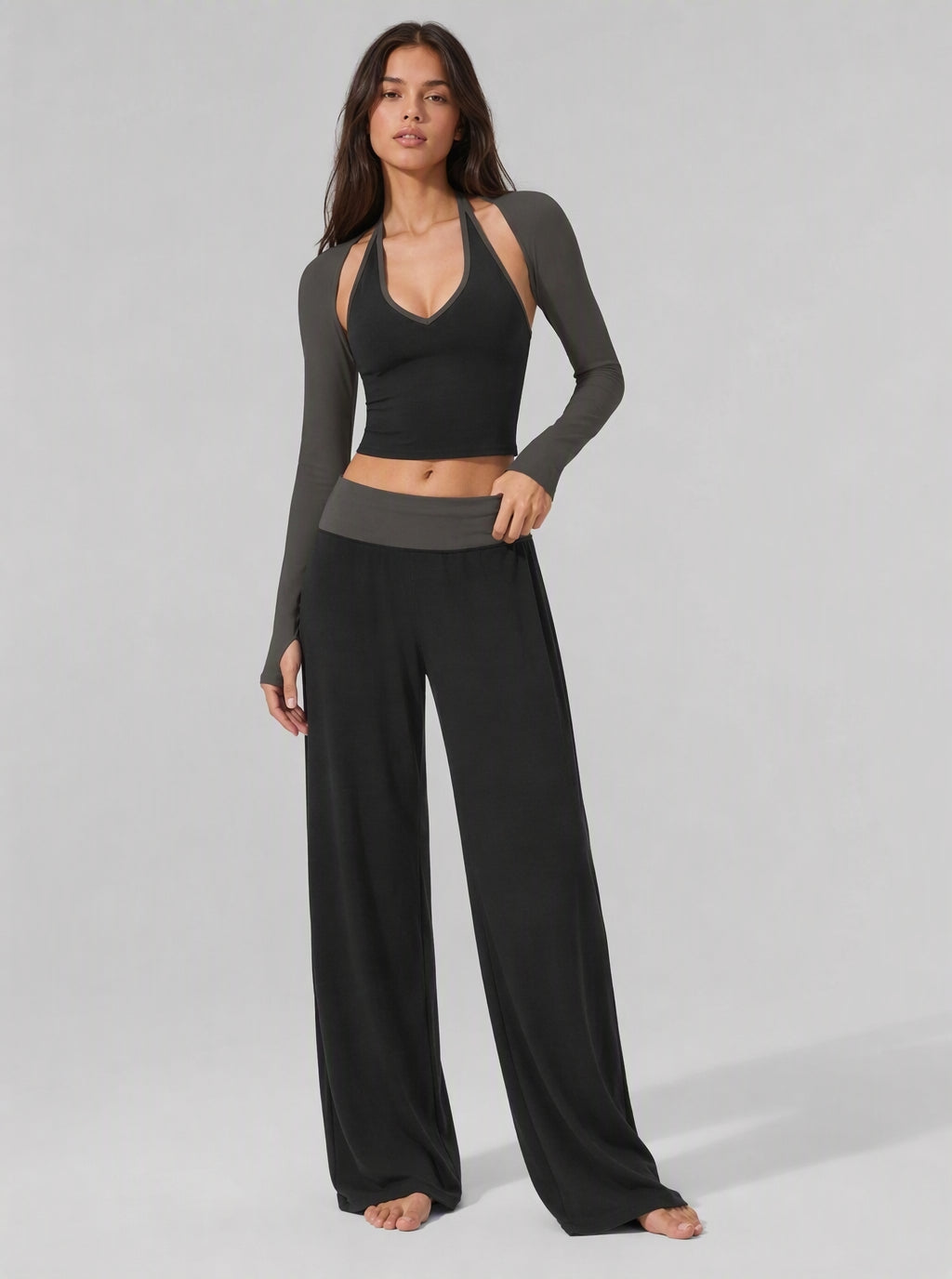 Avrane The Sloane layered wide-leg set with halter crop top and cropped bolero