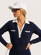 Avrane The Vivienne Varsity Knit Romper Set - women's contrast-trim long-sleeve knit romper in yellow, black, navy