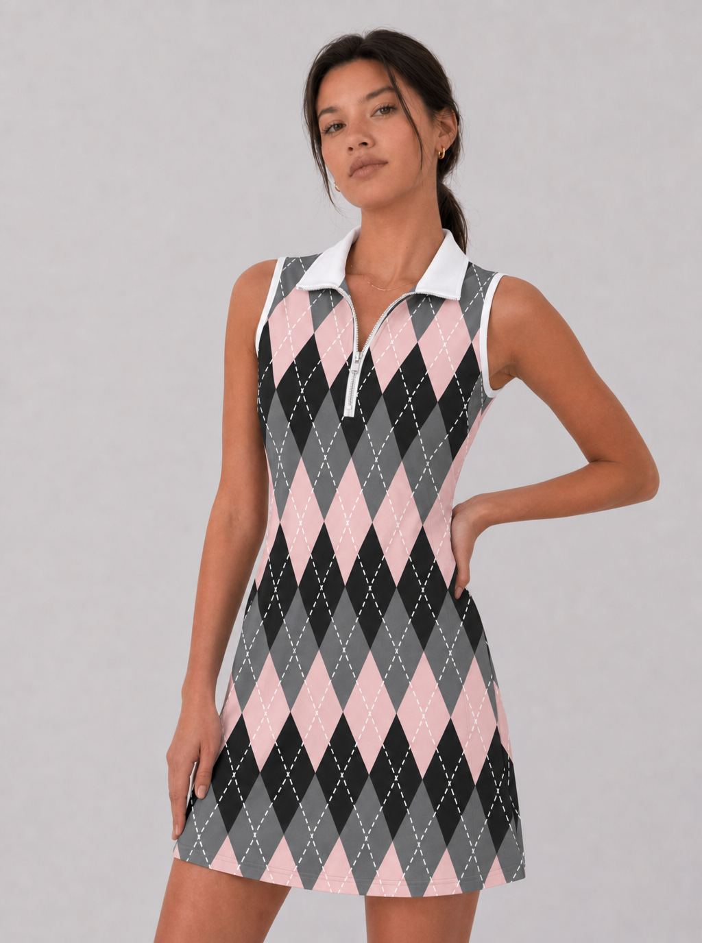 Avrane Maeve Golf Dress - women's argyle print polo golf dress in pink