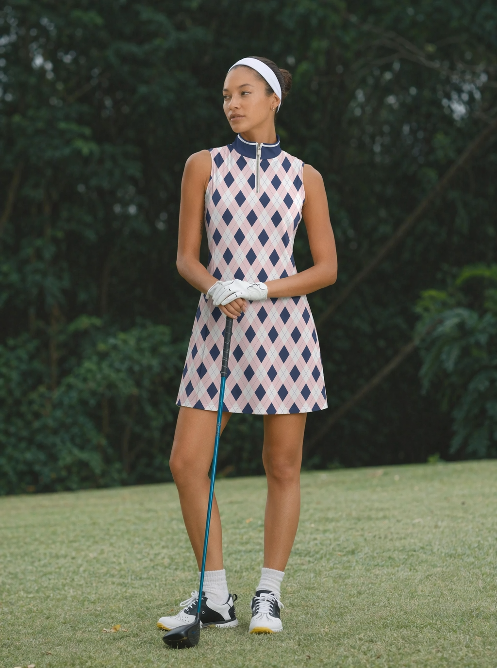 Avrane Elowen Golf Dress - women's argyle print A-line golf dress in pink Main image