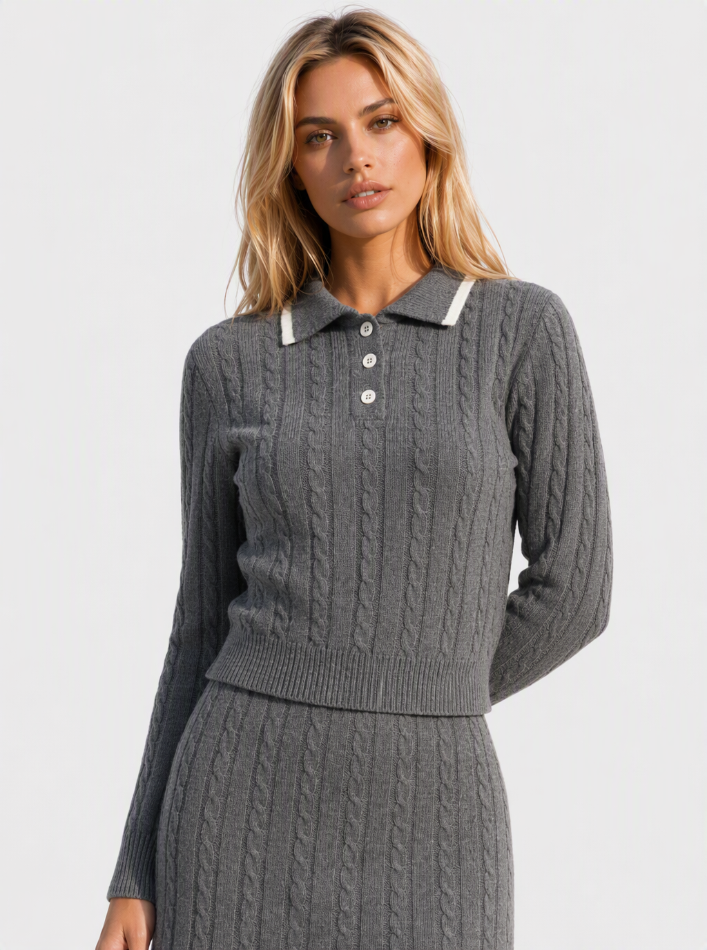 Avrane The Maren Cable-Knit Polo Set - women's contrast-trim polo top and A-line mini skirt