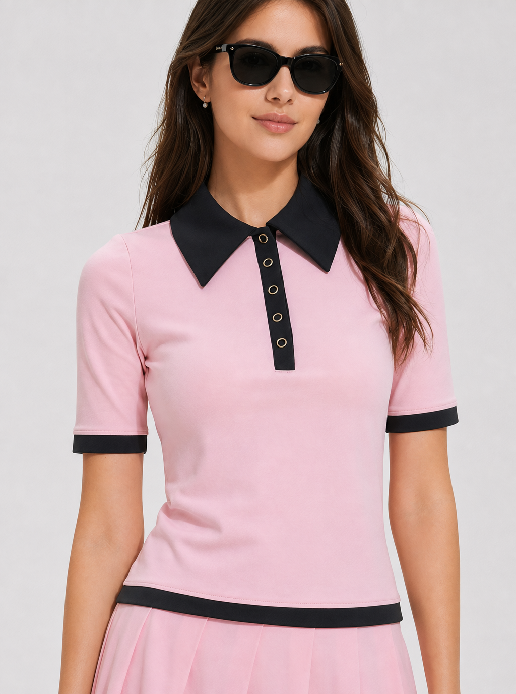 Avrane Piper Polo Top - women's contrast-trim polo with pointed collar in pink