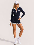 Avrane The Vivienne Varsity Knit Romper Set - women's contrast-trim long-sleeve knit romper in yellow, black, navy