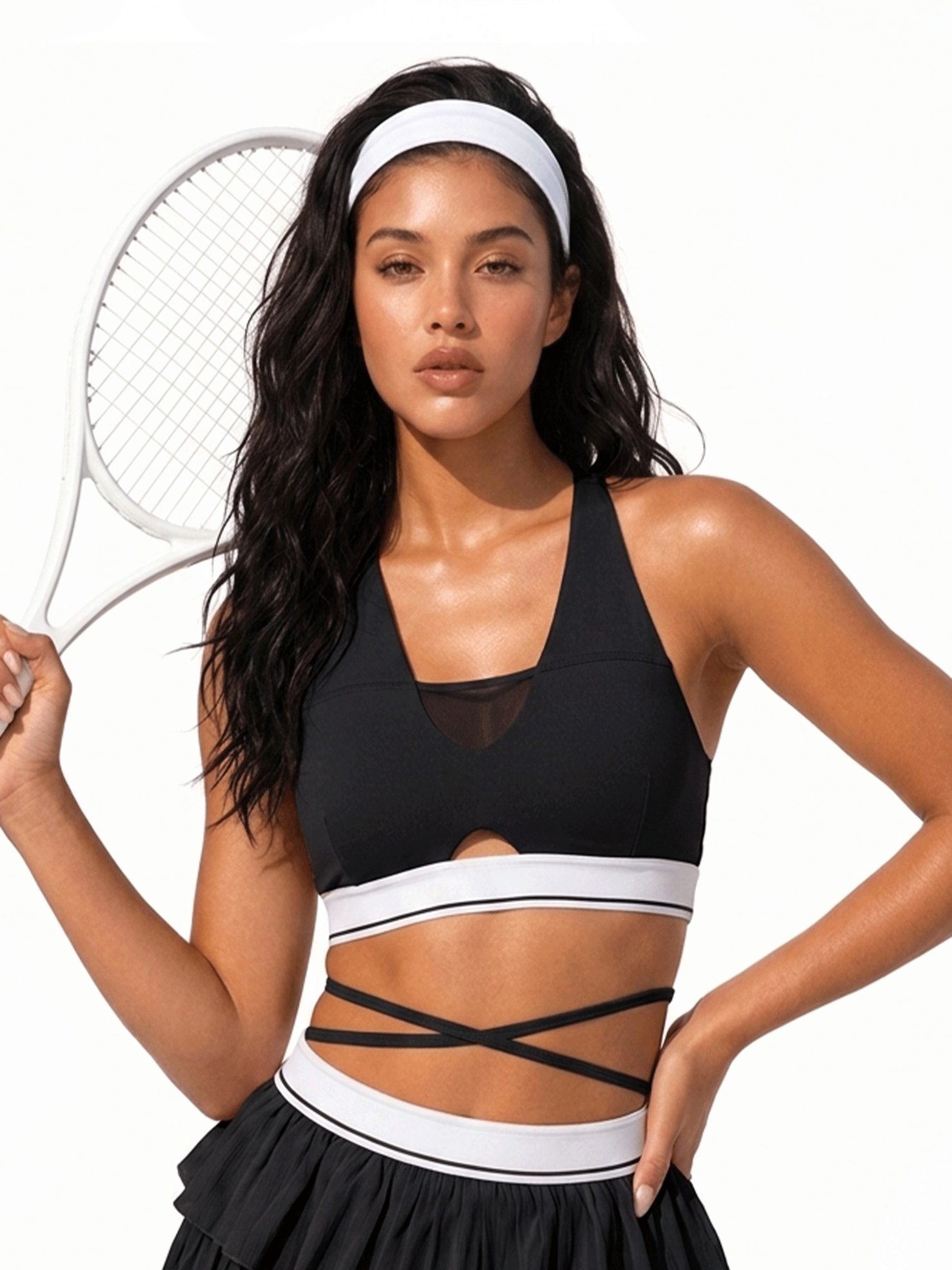 Avrane Indie Tennis Bra - women's medium-impact sports bra with mesh cutout and crisscross back in black Main image