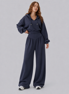 Avrane The Leona V-Waist Hoodie Set - women's cropped hoodie and v-waist wide-leg pant set in dark gray, brown, navy, apricot, black