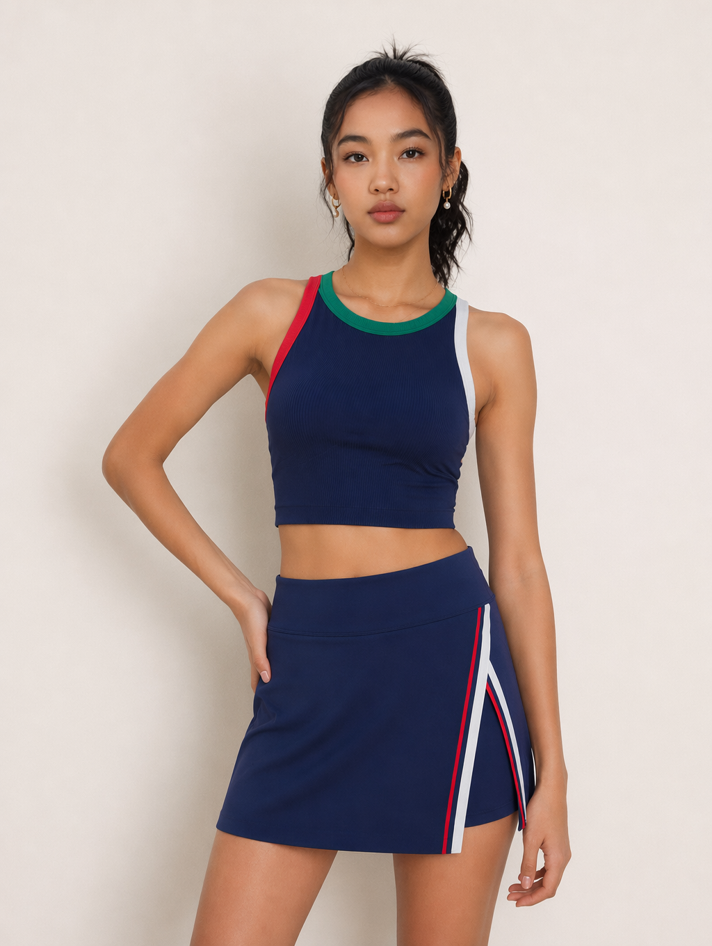 Avrane Vivienne Court Set - retro color-block cropped tank and skort in navy, front view
