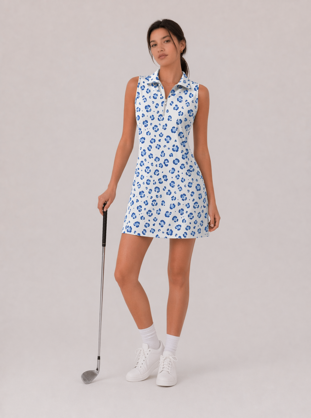 Avrane Freya Court Dress - women's leopard print polo tennis dress in blue Main image