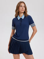 Avrane The Reese navy short-sleeve polo top with light blue collar and striped cuffs