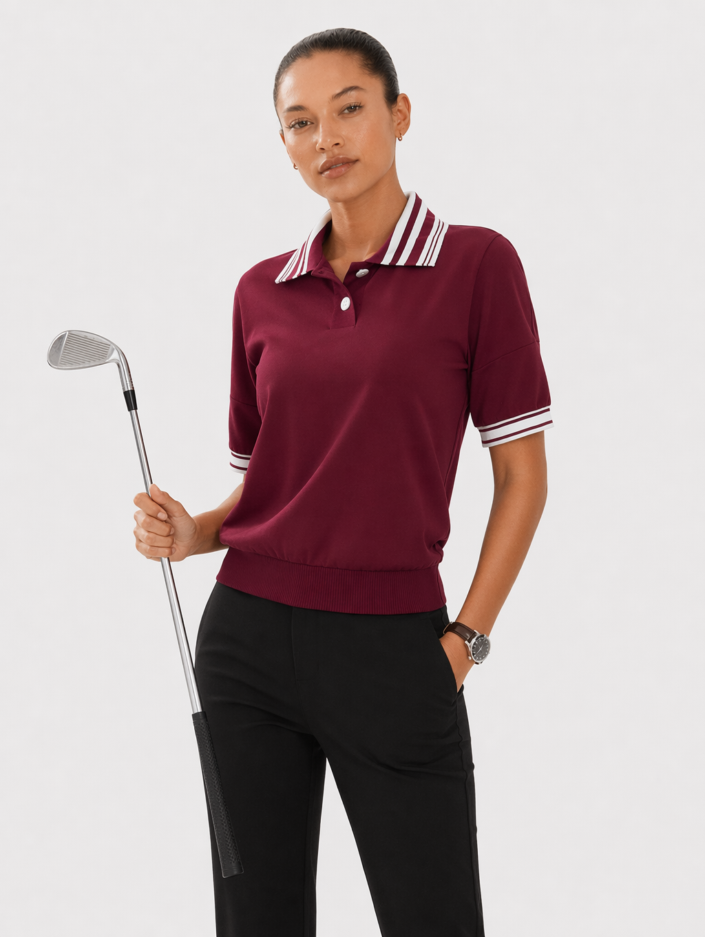 Avrane Sloane Golf Top - women's relaxed-fit polo with striped collar in wine red