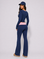 Avrane The Brielle Wrap Flare Set - women's contrast wrap long-sleeve top and flare pant set in navy