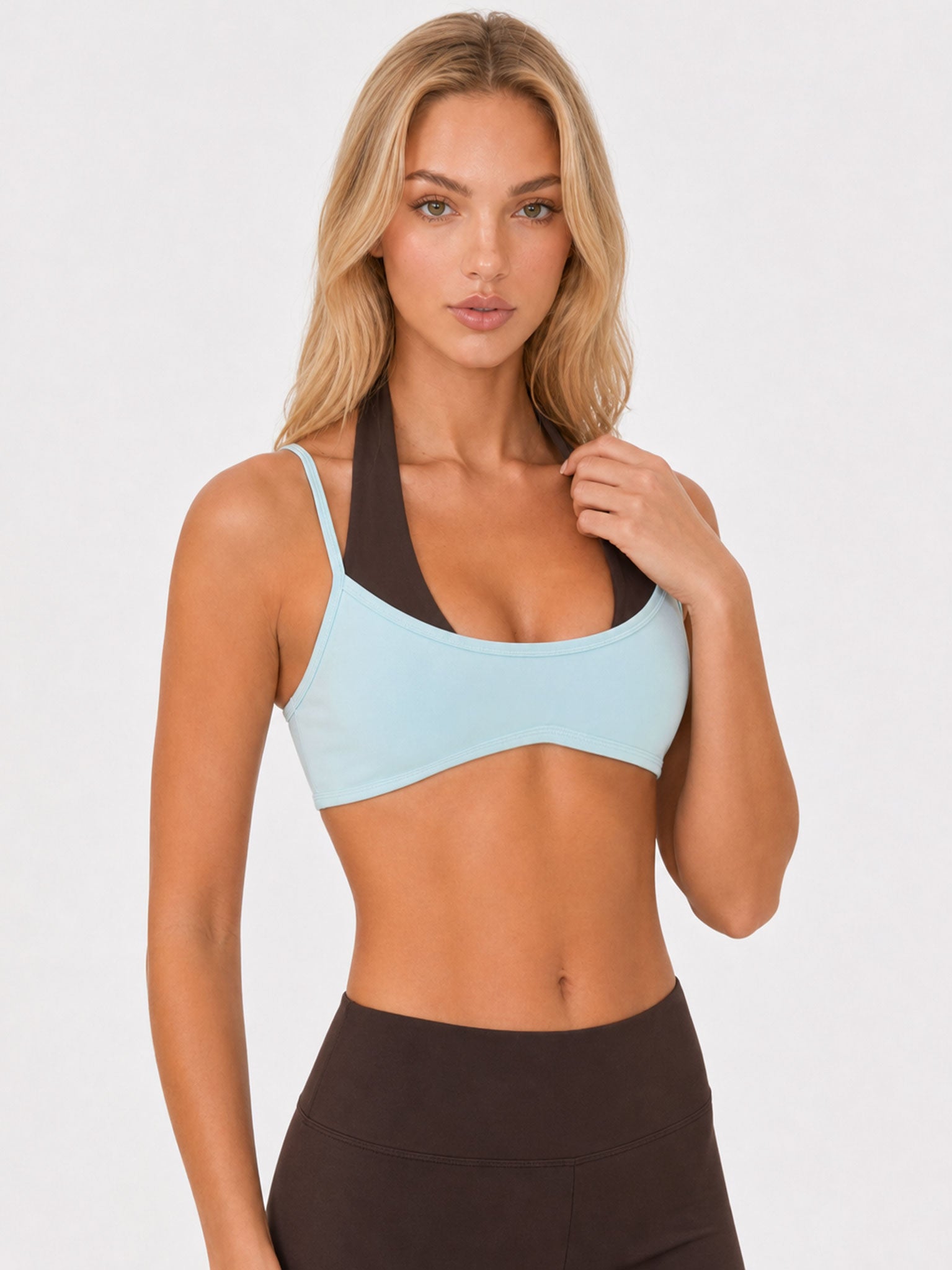 Avrane The Sloane Layered Halter Top - women's color-block faux-layer halter stretch top in light blue, blue, burgundy, brick red, brown, black, yellow, brown stripe, cream polka dot Main image