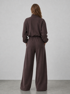 Avrane The Nova coffee zip jacket and wide-leg track pants with blue striped inset panels