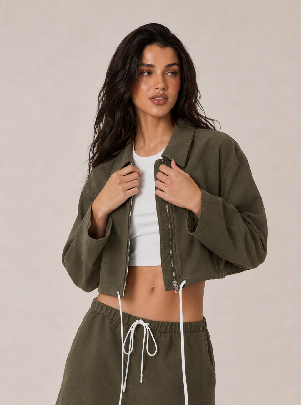 Avrane The Verity Drawcord Outerwear - women's cropped zip jacket with contrast drawcord hem