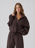 Avrane The Nova coffee zip jacket and wide-leg track pants with blue striped inset panels