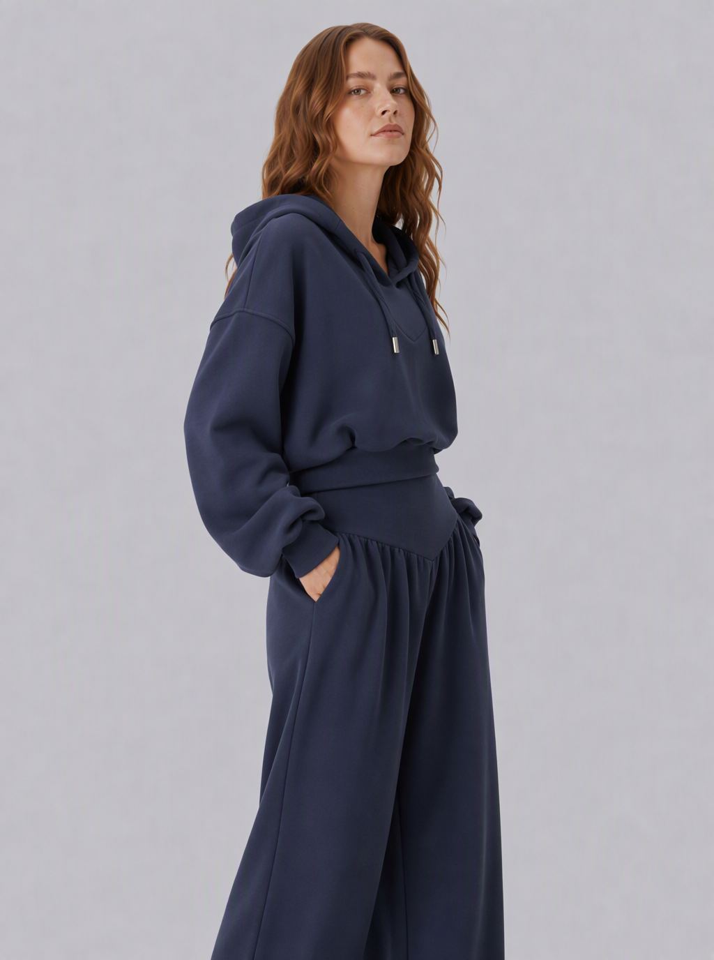 Avrane The Leona V-Waist Hoodie Set - women's cropped hoodie and v-waist wide-leg pant set in dark gray, brown, navy, apricot, black