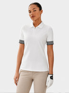 Avrane Bryn Golf Top - women's tailored polo shirt with half-zip and striped cuffs in white