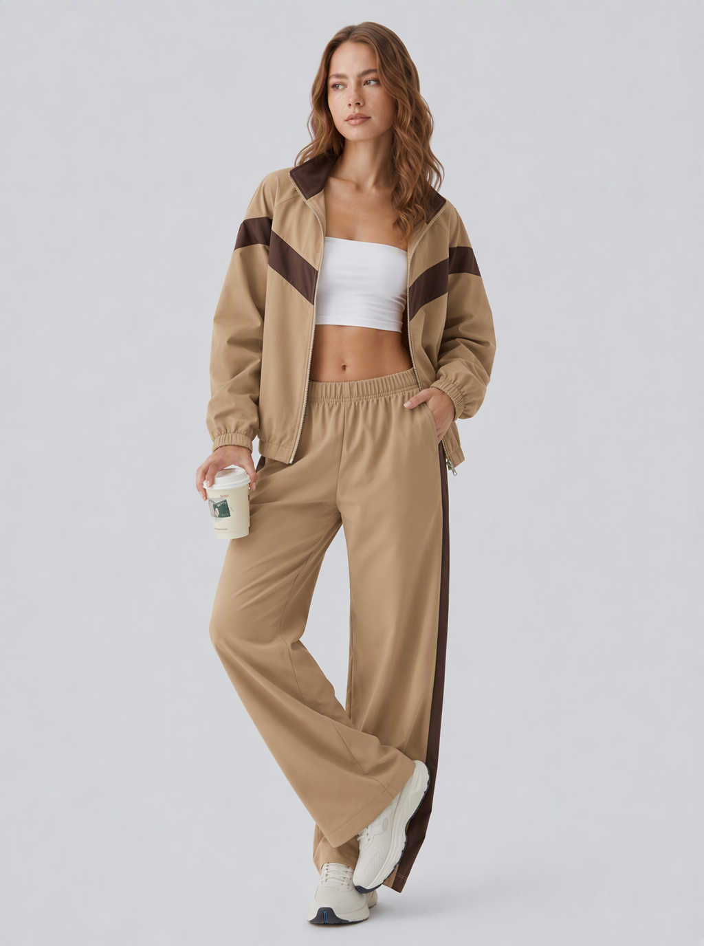 Avrane The Celeste Retro Track Set - women's contrast-panel track jacket and wide-leg pant set in white, beige, red, coffee, black, burgundy