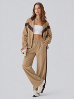 Avrane The Celeste Retro Track Set - women's contrast-panel track jacket and wide-leg pant set in white, beige, red, coffee, black, burgundy