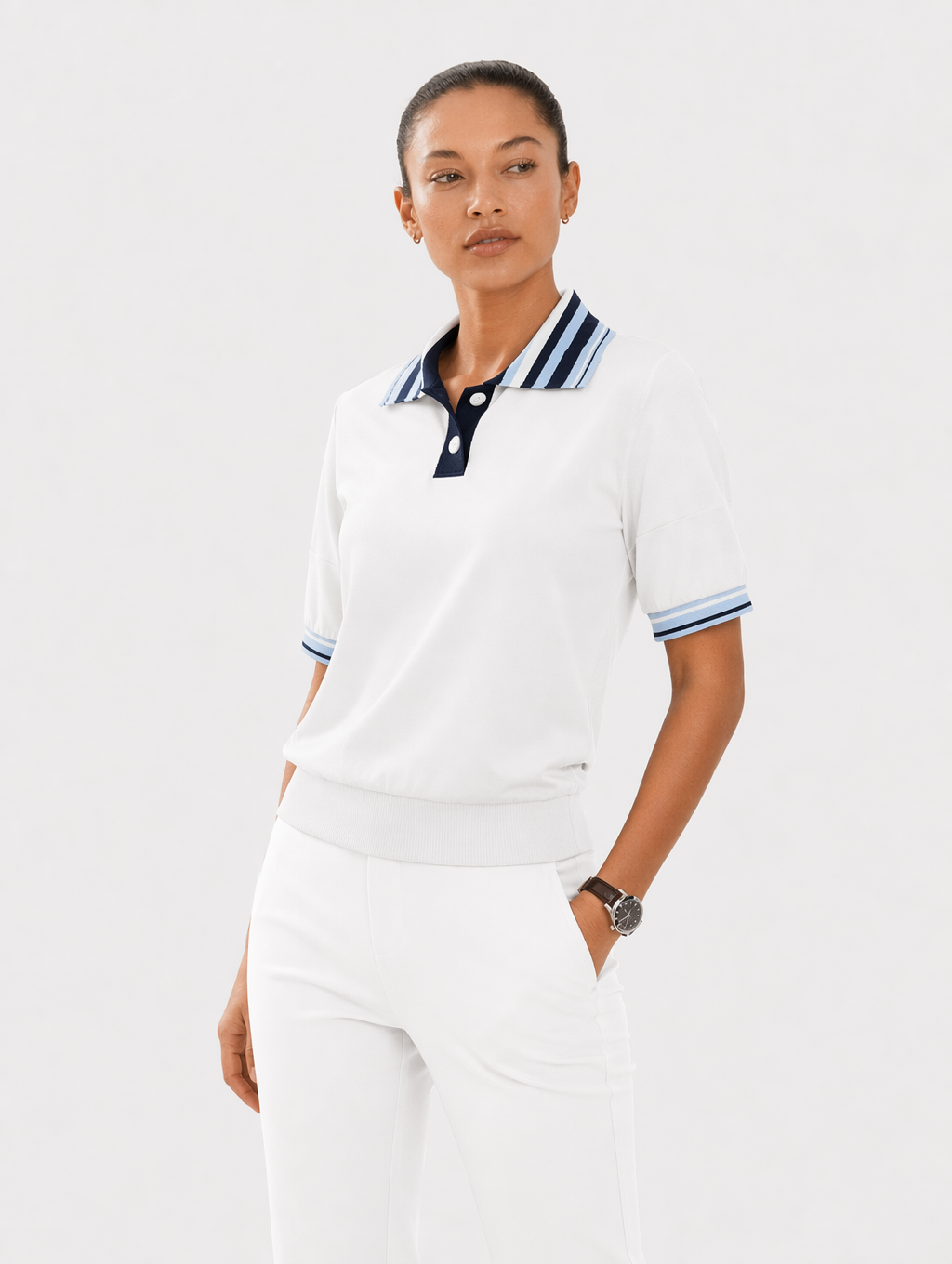 Avrane Sloane Golf Top - women's relaxed-fit polo with striped collar in white
