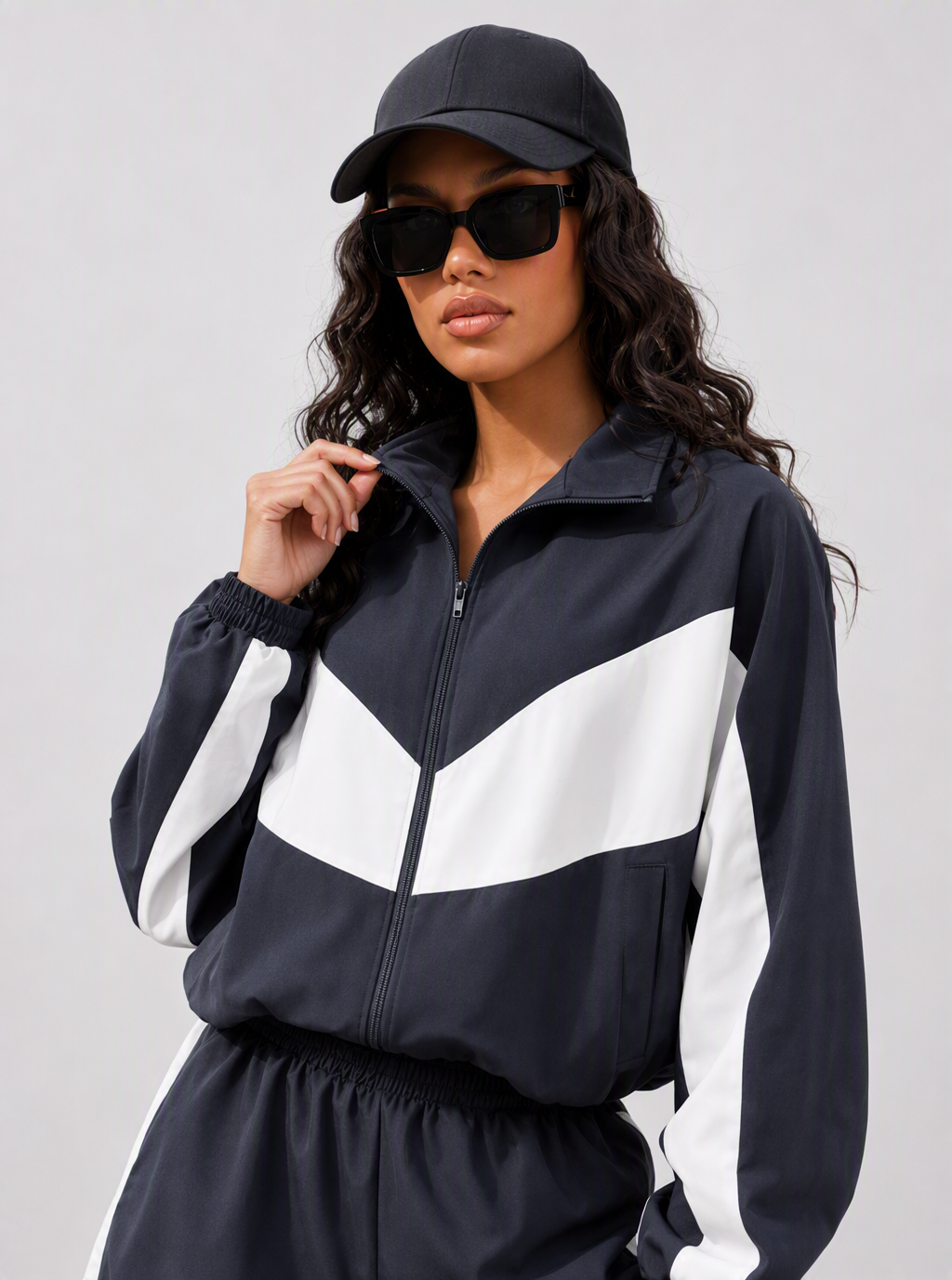Avrane The Kaia colorblock zip jacket and sport short set in black and white
