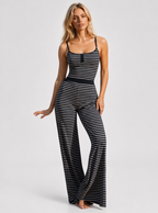 Avrane The Wren Striped Wide-Leg Bottom - women's contrast-waist striped wide-leg pants in black, blue