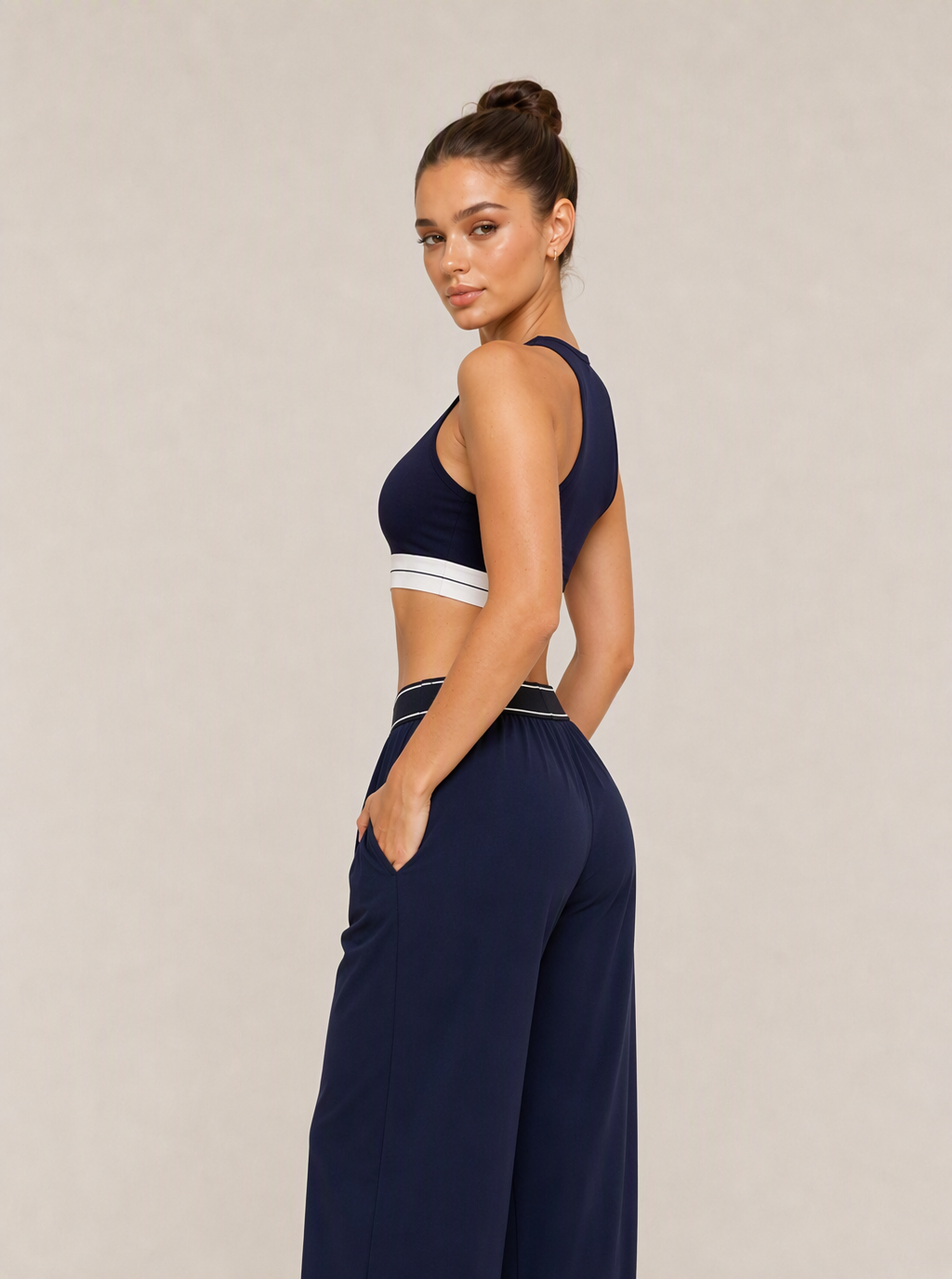 Avrane The Colette Contrast-Waist Bottom - women's contrast-waist wide-leg track pants