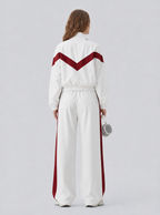 Avrane The Celeste Retro Track Set - women's contrast-panel track jacket and wide-leg pant set in white, beige, red, coffee, black, burgundy