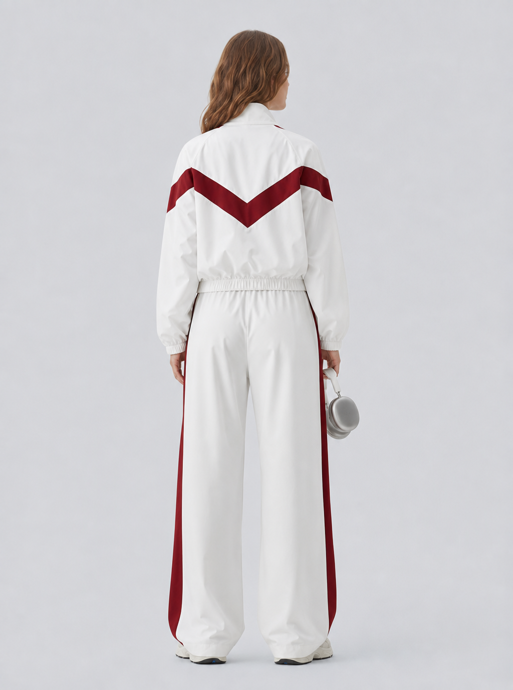 Avrane The Celeste Retro Track Set - women's contrast-panel track jacket and wide-leg pant set in white, beige, red, coffee, black, burgundy