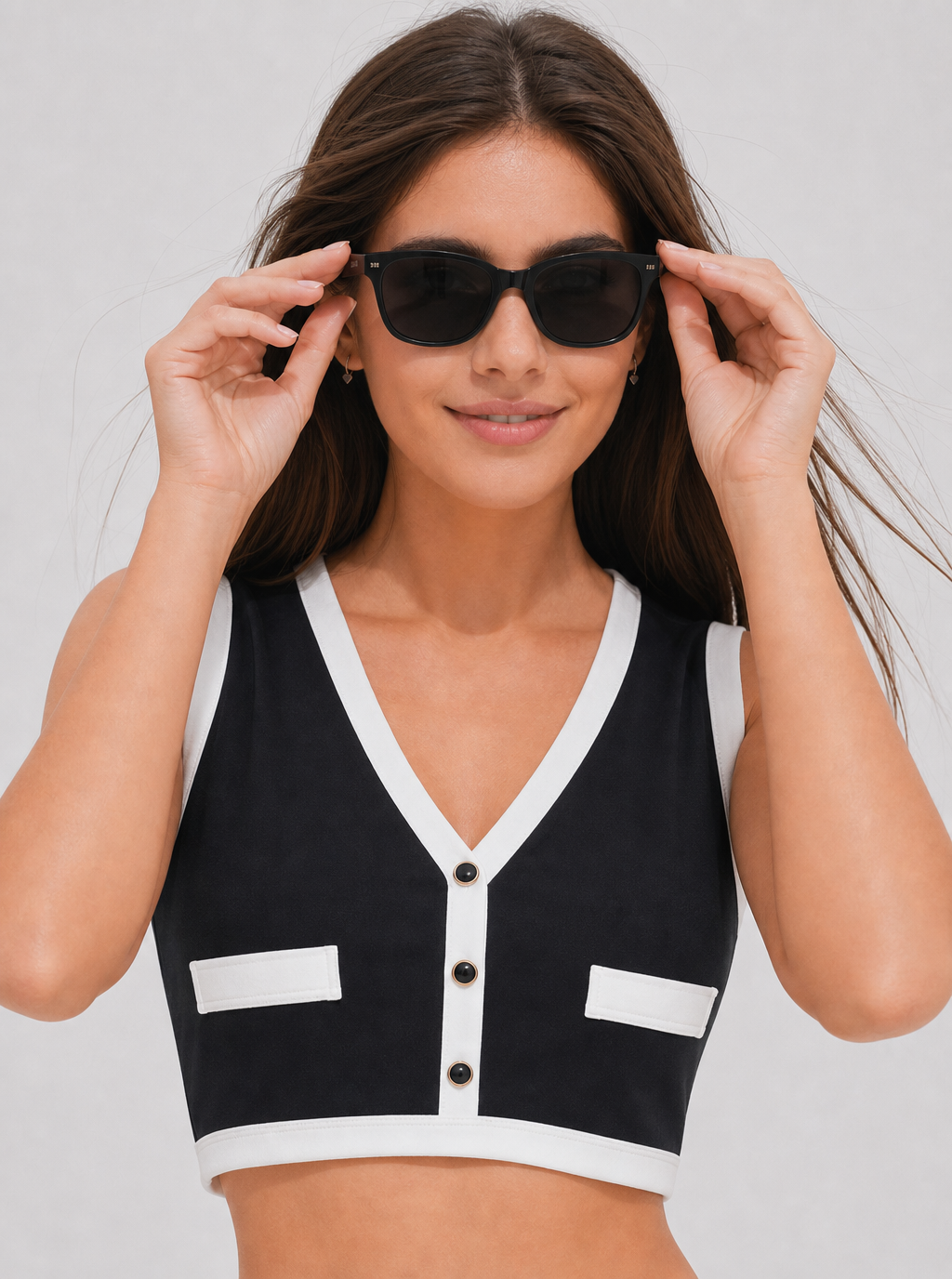 Avrane Hadley Crop Tank - women's preppy sleeveless cropped top with V-neck piping in black