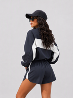 Avrane The Kaia colorblock zip jacket and sport short set in black and white