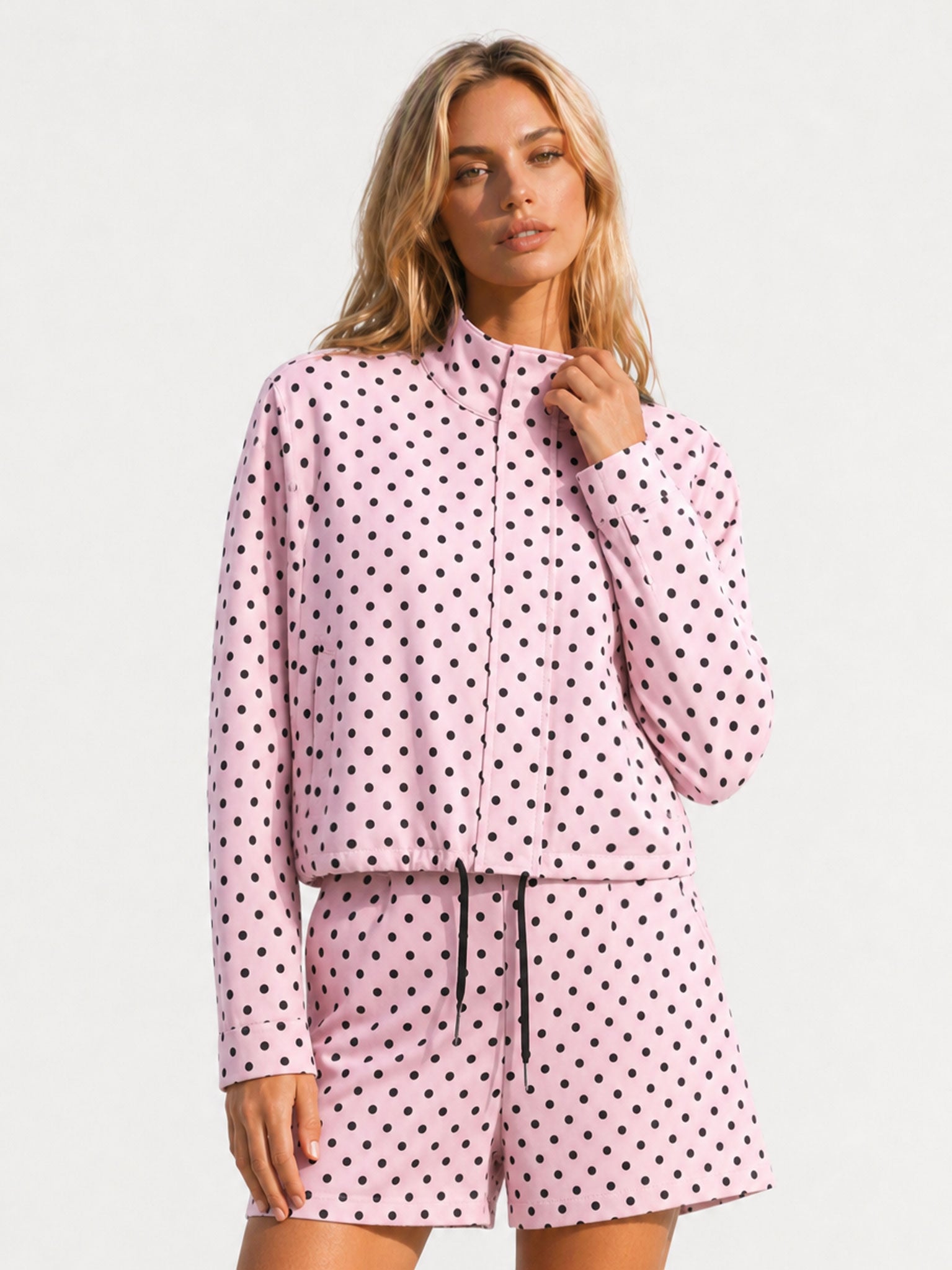 Avrane The Brielle Polka-Dot Zip Top - women's mock-neck cropped zip jacket