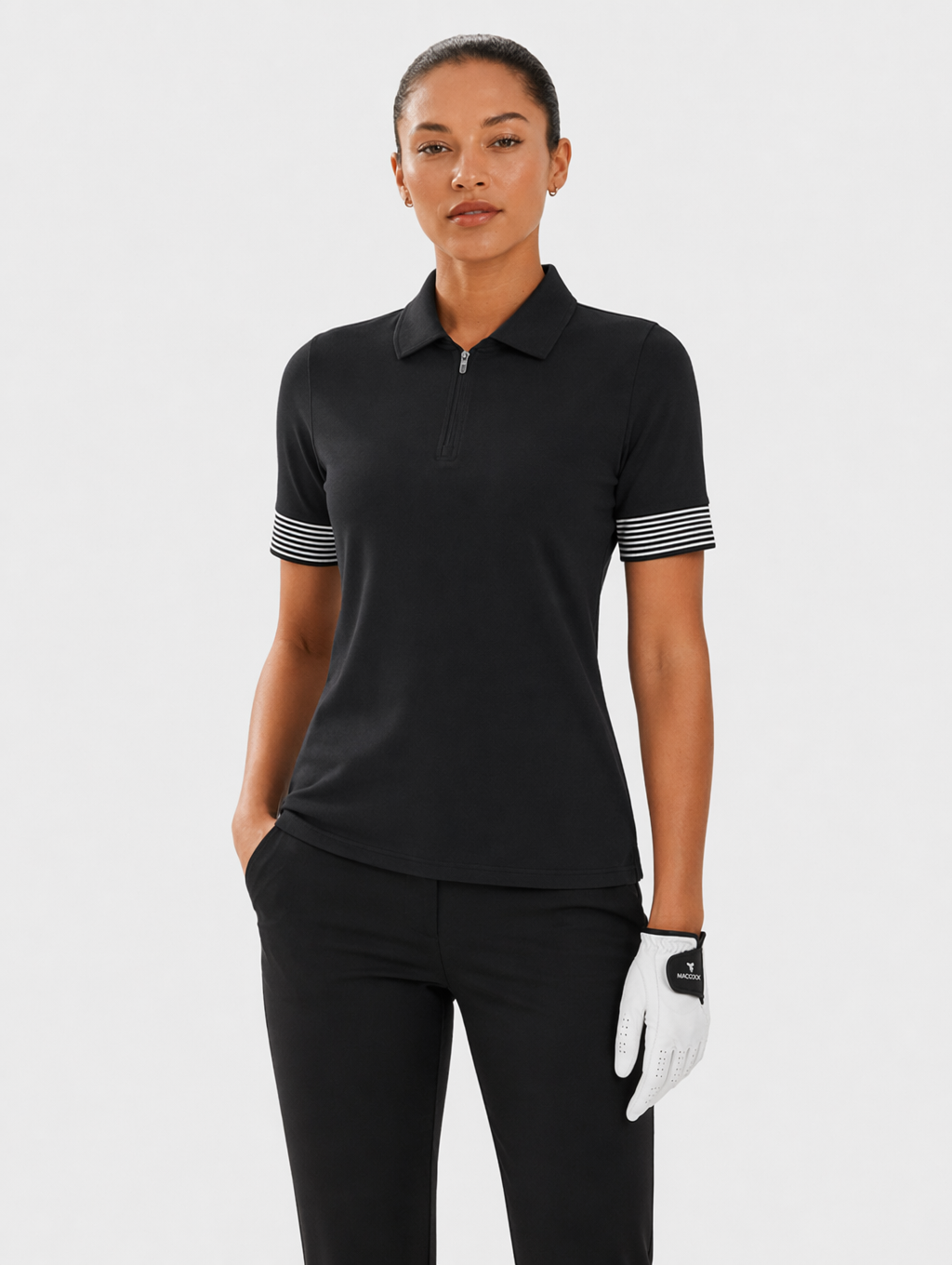 Avrane Bryn Golf Top - women's tailored polo shirt with half-zip and striped cuffs in black