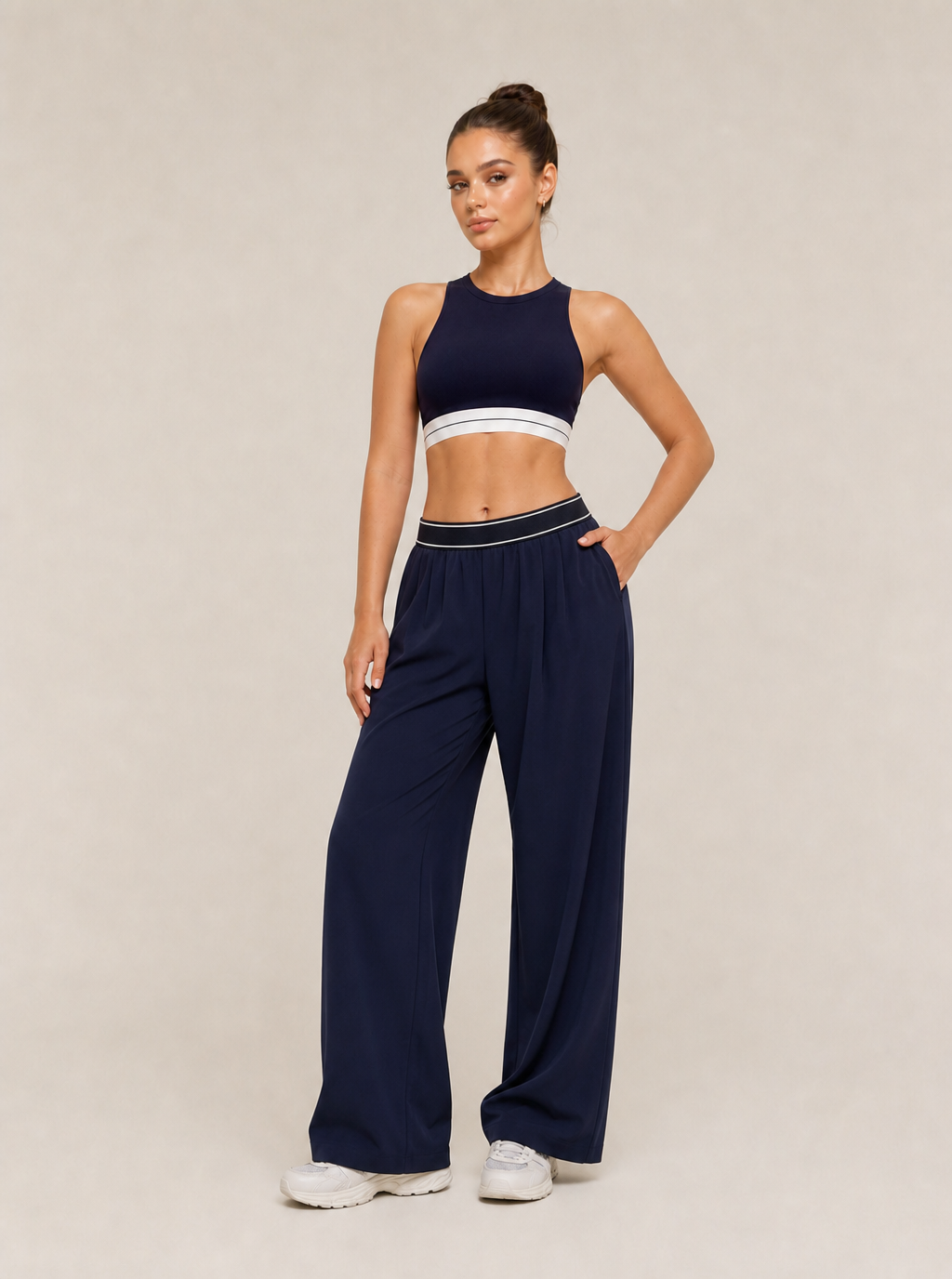 Avrane The Colette Contrast-Waist Bottom - women's contrast-waist wide-leg track pants