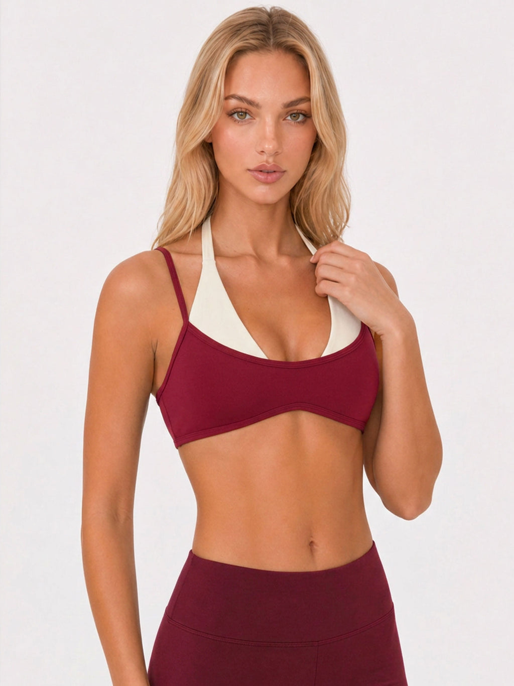 Avrane The Sloane Layered Halter Top - women's color-block faux-layer halter stretch top in light blue, blue, burgundy, brick red, brown, black, yellow, brown stripe, cream polka dot